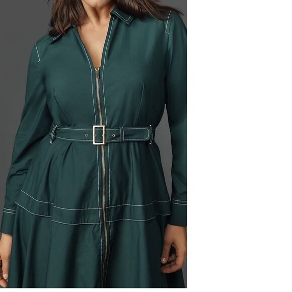 By Anthropologie Long-Sleeve Belted Front-Zip Midi Dress SIZE XS green new nwt - Picture 2 of 8